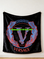 Versace Black Red Blue V Logo Medusa Print Flannel Throw Blanket Luxury Greek Key Patterned Sofa Cover Blanket IMG_1334